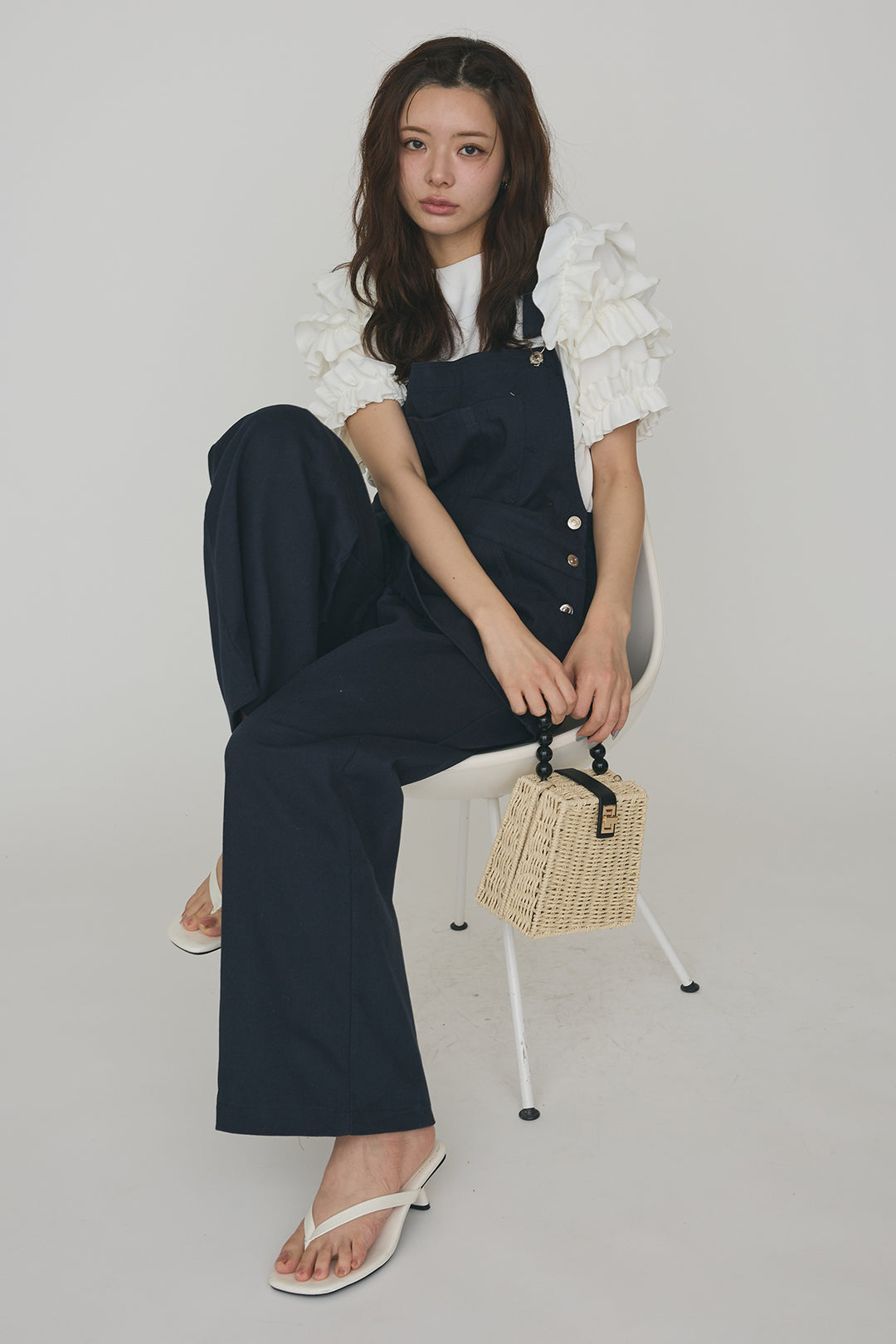 [予約/SET]フリルスリーブプルオーバーブラウス+エプロンデニムサロペ(2set)