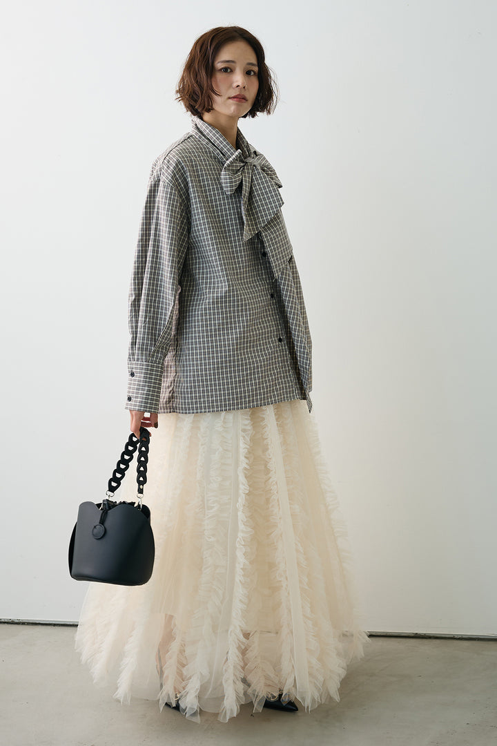 [予約/SET]マルチパターンボウタイアシメシャツ+Iラインホイップチュールスカート(2set)