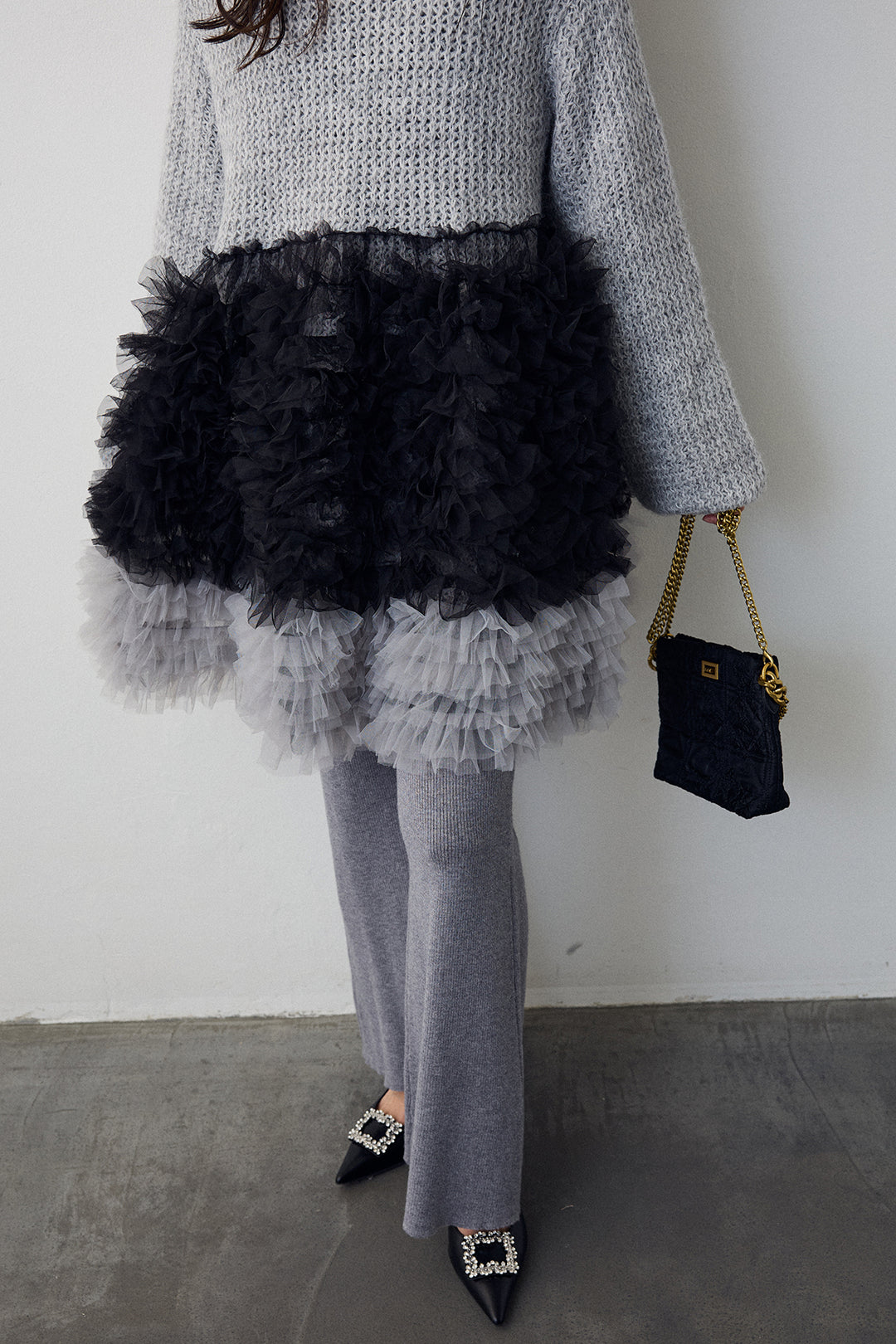 [予約/SET]ホイップチュールドッキングニットワンピ+リブストレッチフレアニットパンツ(2set)