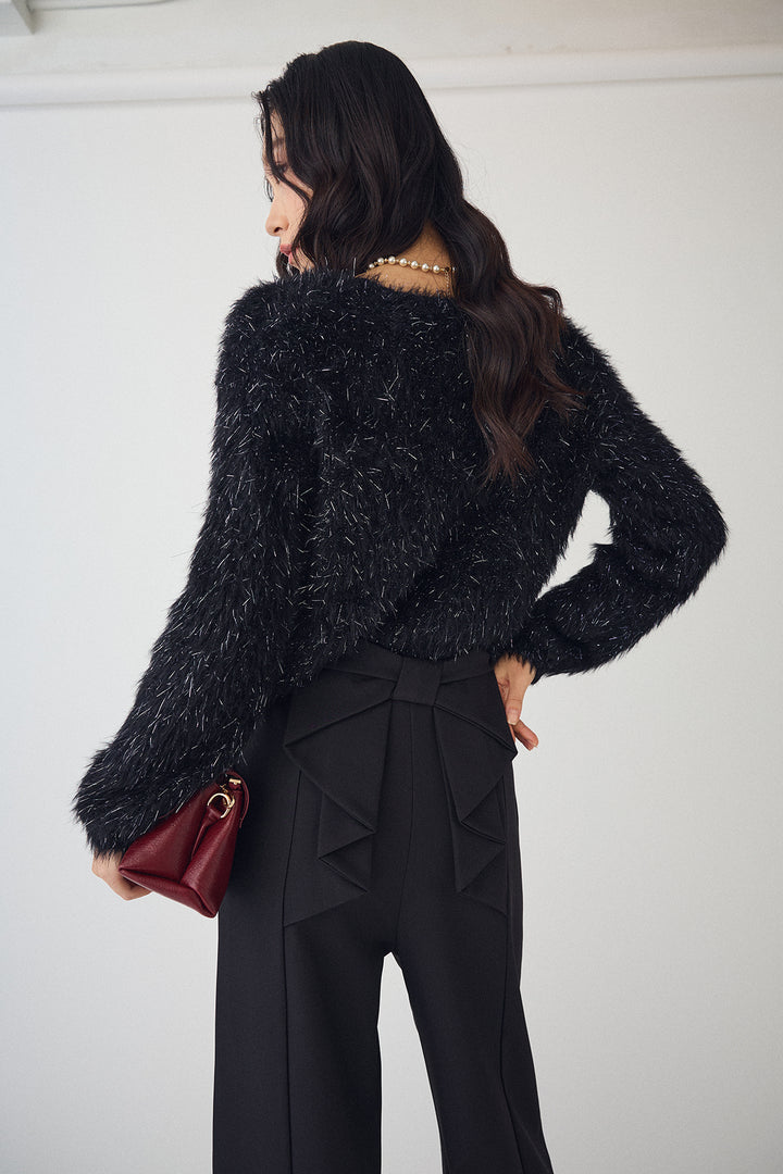 [予約/SET]ゴールドボタンラメシャギーニット+バックリボンストレートパンツ(2set)