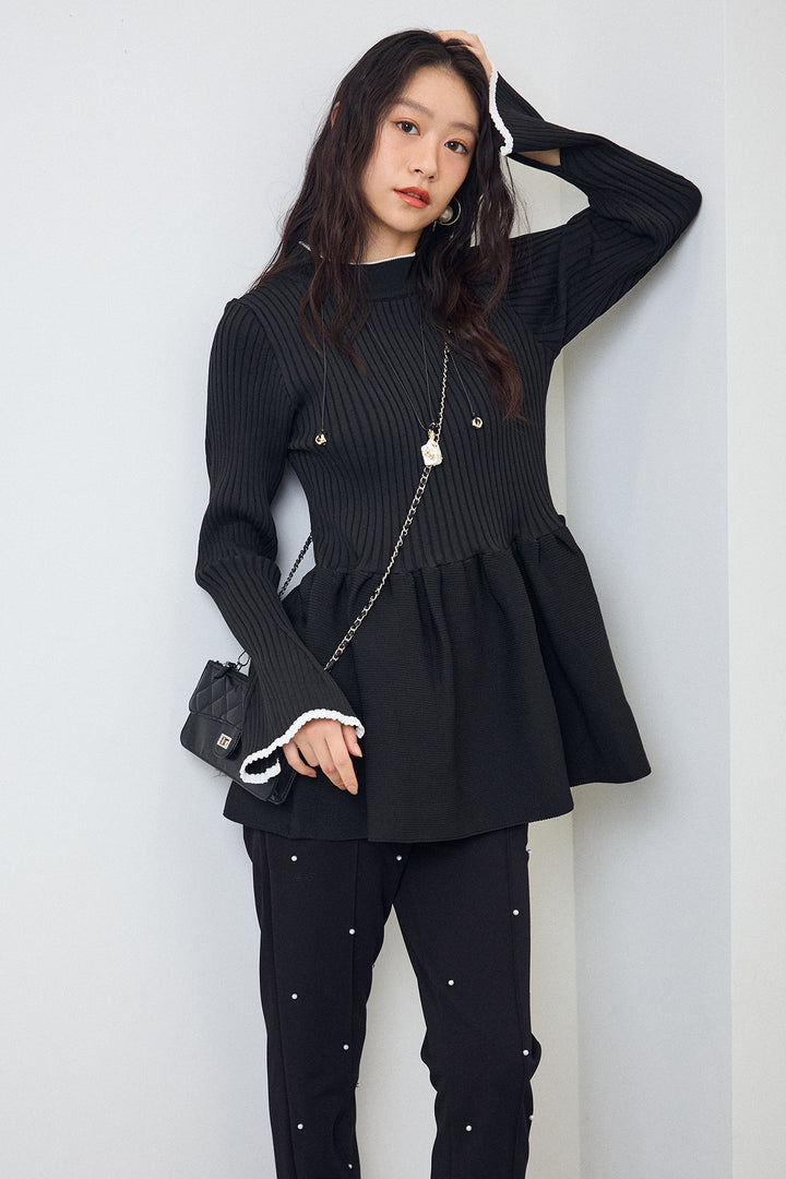 [予約/SET]リブフレア配色スリーブペプラムニット+センターシームランダムパールパンツ(2set)