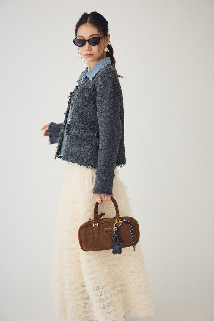 [予約/SET]デニムシャツドッキングツイードカーデ+ホイップチュールティアードスカート(2set)