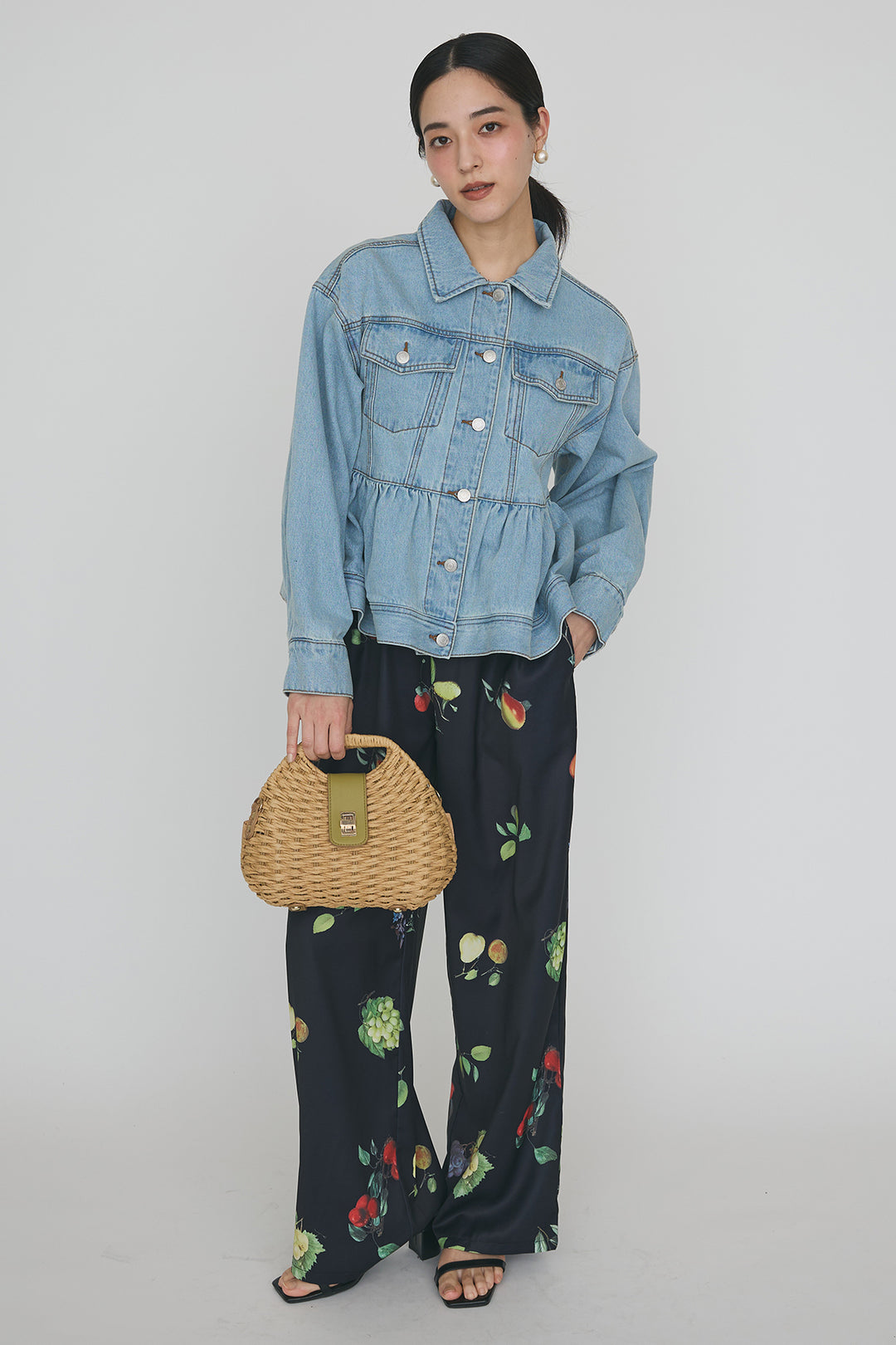 [予約/SET]ペプラムデニムジャケット+フルーツパターンストレートパンツ(2set)
