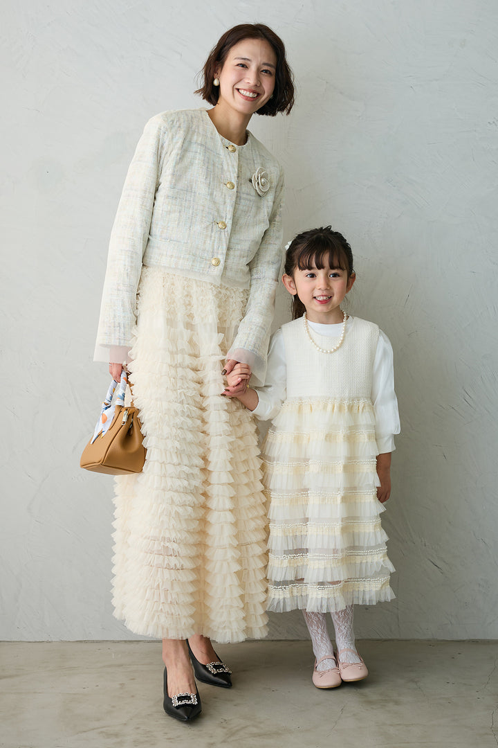 [予約/親子SET][kids]ティアードプリーツパールワンピセット+ツイード×チュールレイヤードクロップドジャケット+ホイップチュールティアードスカート(3set)