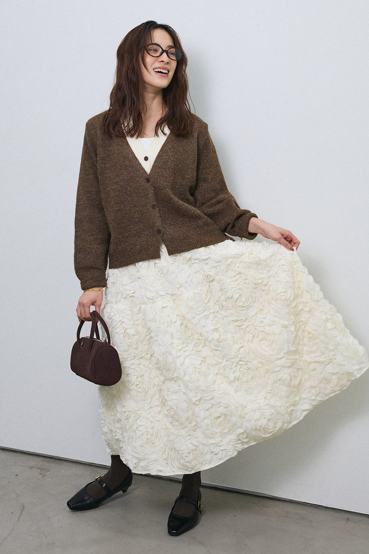 [予約/SET]配色レイヤードニットカーデ+ローズフラワー立体フレアスカート(2set)