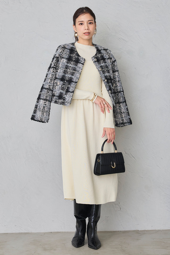 [予約/SET]ツイードチェッククロップドジャケット+リブセミフレアニットワンピース(2set)