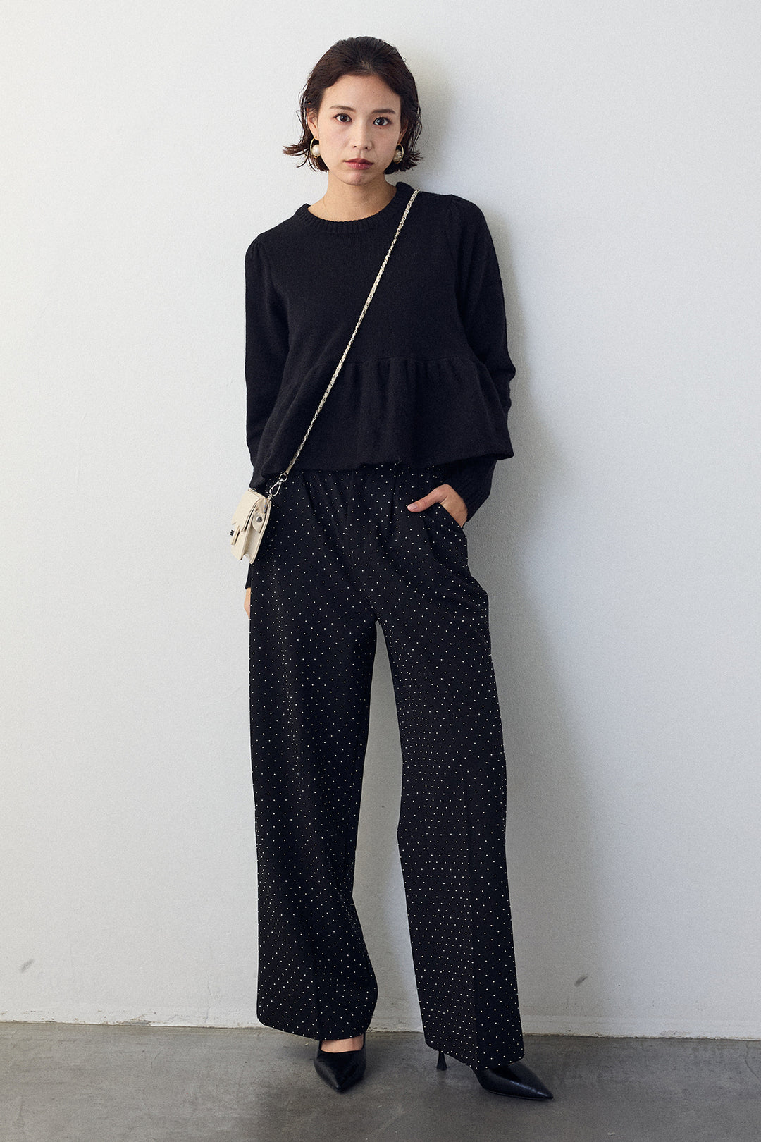 [予約/SET]アルパカタッチバルーンヘムニットプルオーバー+ラインストーンストレートパンツ(2set)