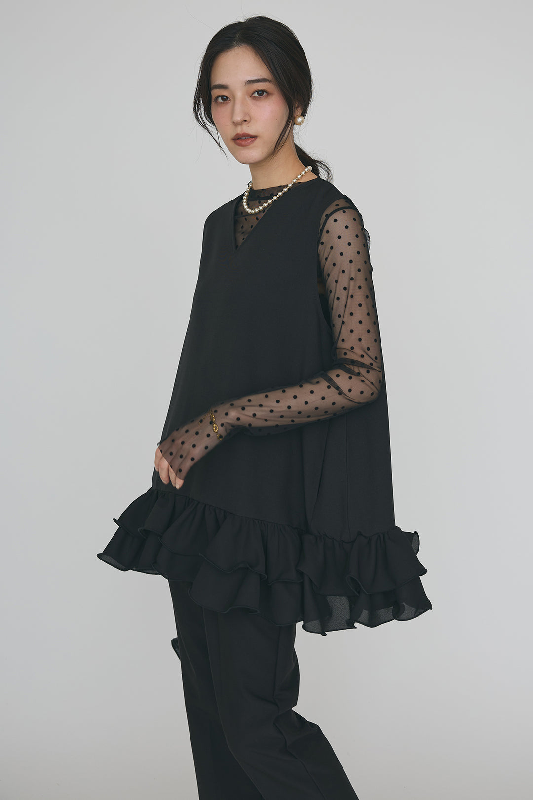 [予約/SET]異素材フリルヘムVネックチュニック+タックテーパードパンツ(2set)