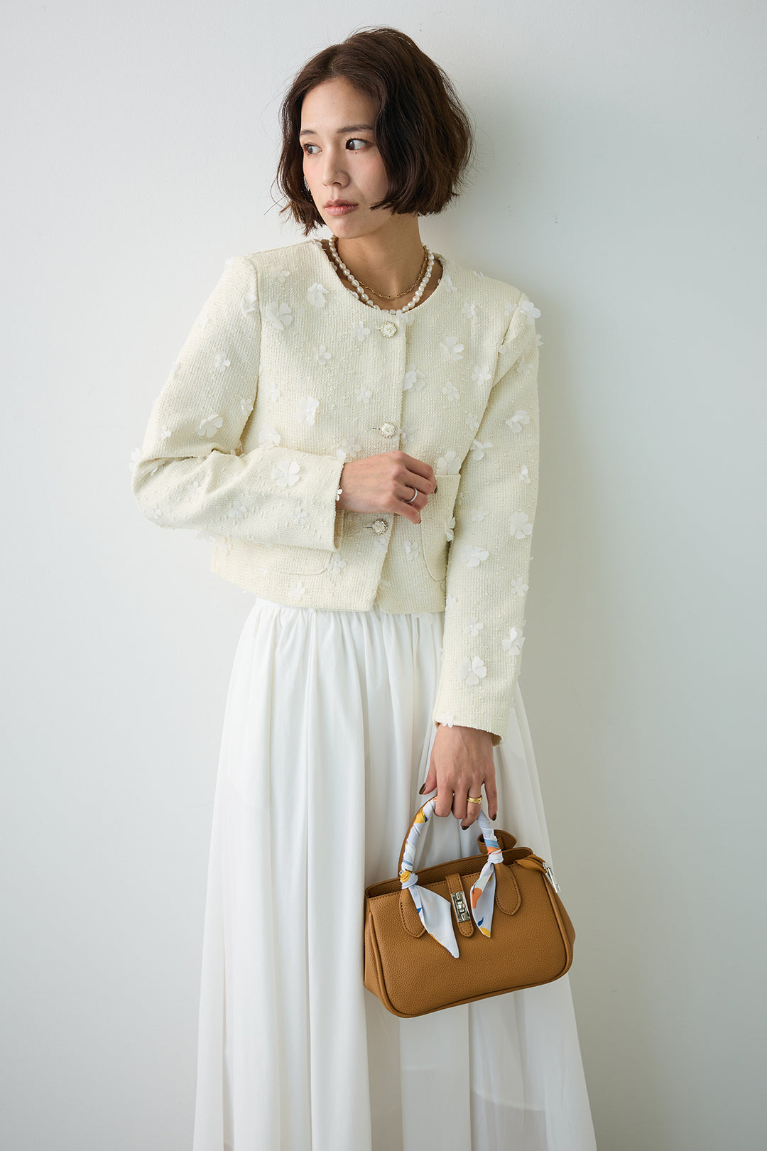 [予約/SET]フラワーモチーフツイードジャケット+ギャザーフレア綿タッチスカート(2set)