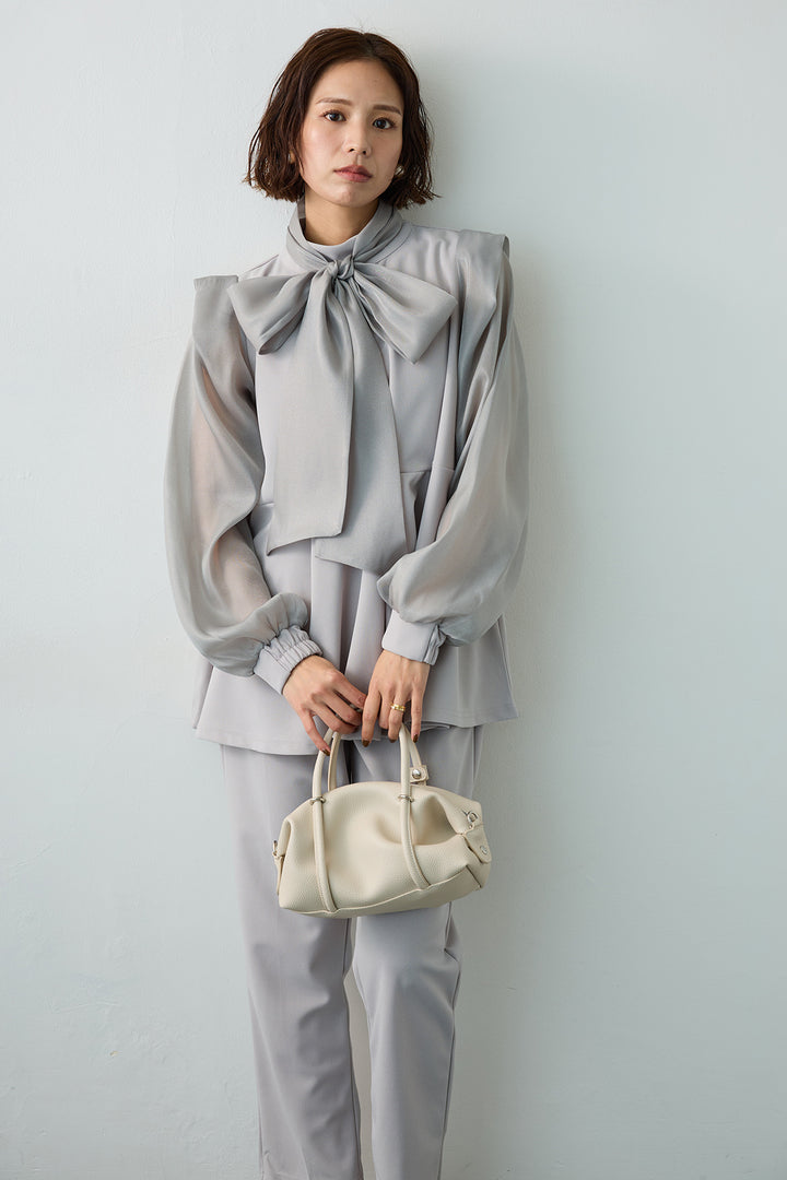 [予約]シアーリボン異素材ドッキングペプラムブラウス