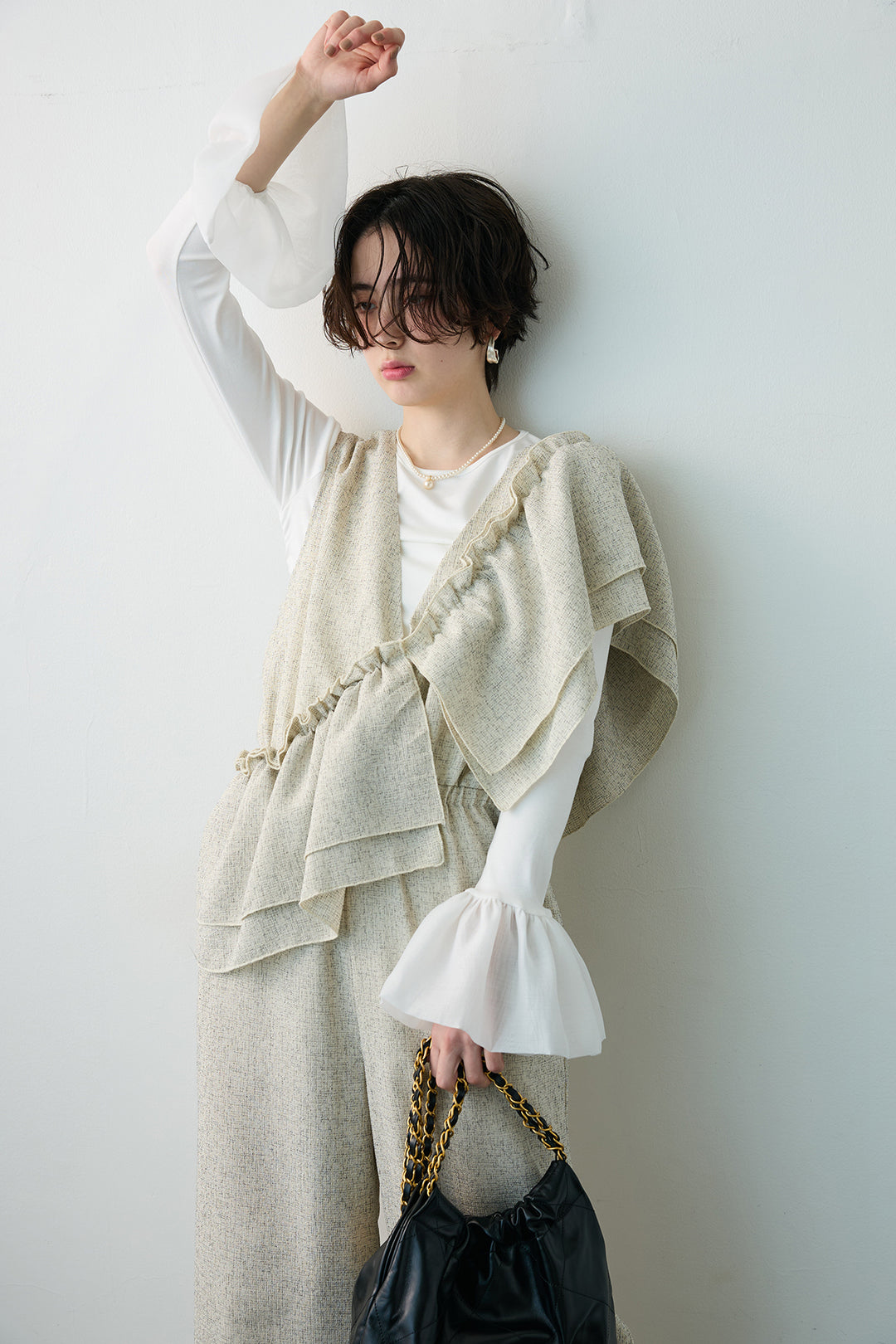 [予約/SET]サイドギャザーフレアチュールカフストップス+サマーツイードマルチウェイロンパース(2set)