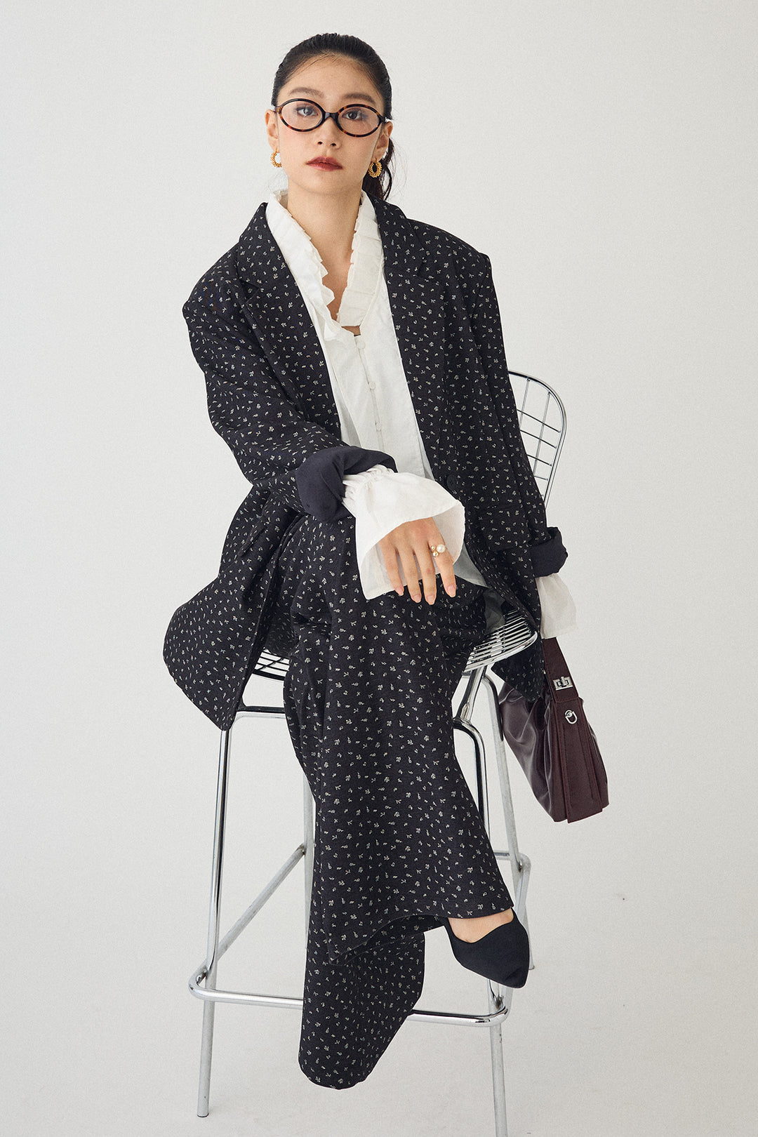 [予約/SET]ダブルプリーツカラーブラウス+ヴィンテージフラワー柄セットアップ(2set)