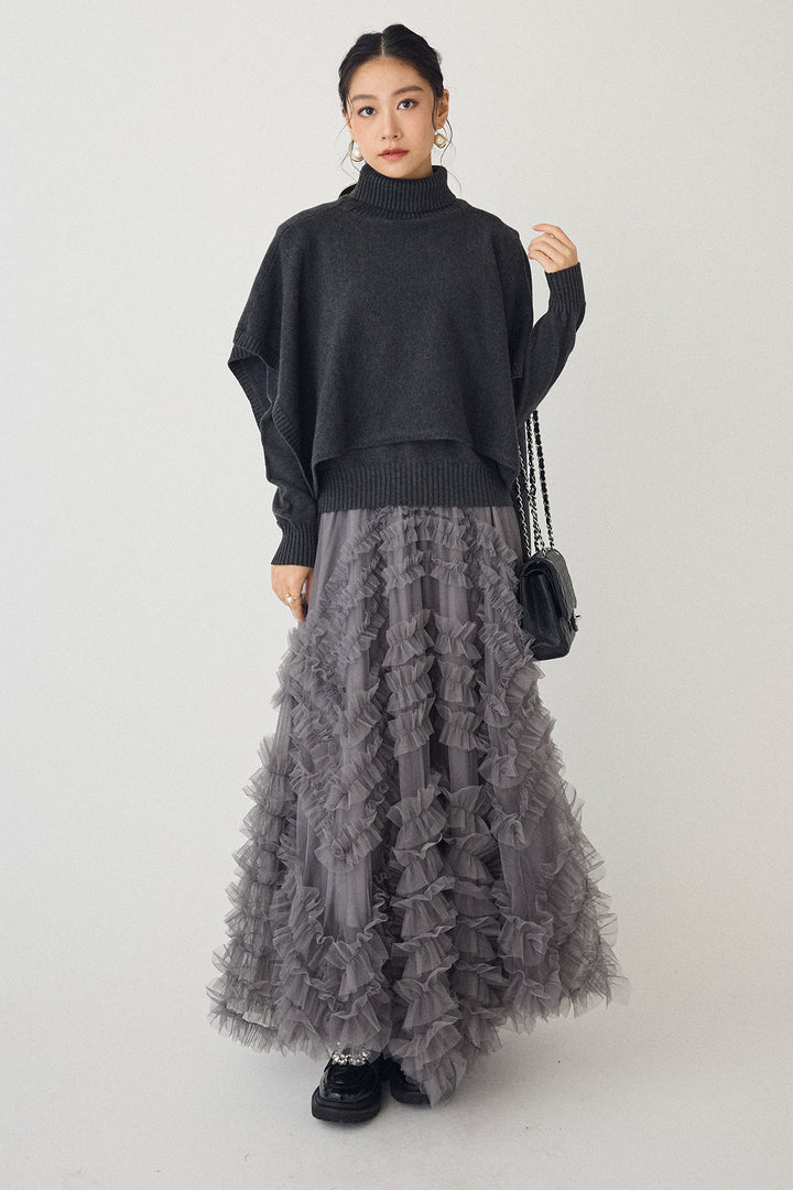 [予約/SET]アシメケープ2wayニット+スフレアシメチュールスカート(2set)