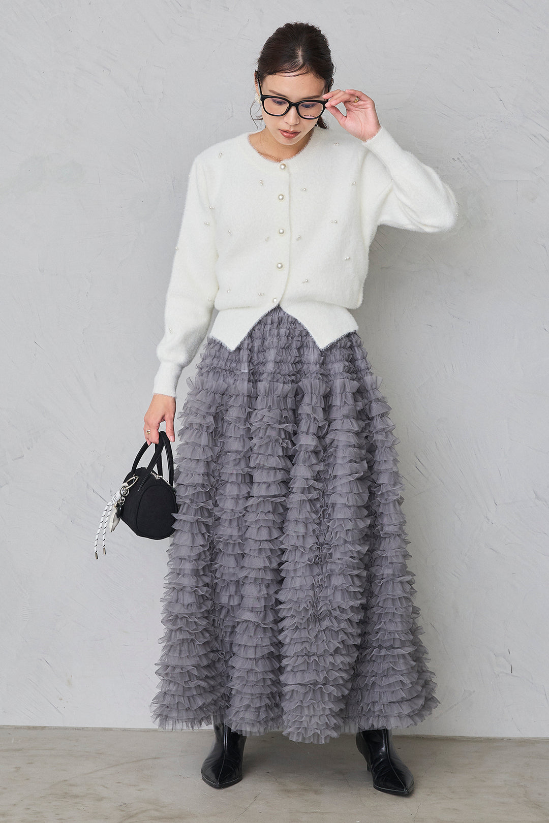 [予約/SET]ミックスパールシャギーコーディガン+ホイップチュールティアードスカート(2set)