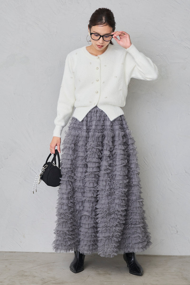 [予約/SET]ミックスパールシャギーコーディガン+ホイップチュールティアードスカート(2set)