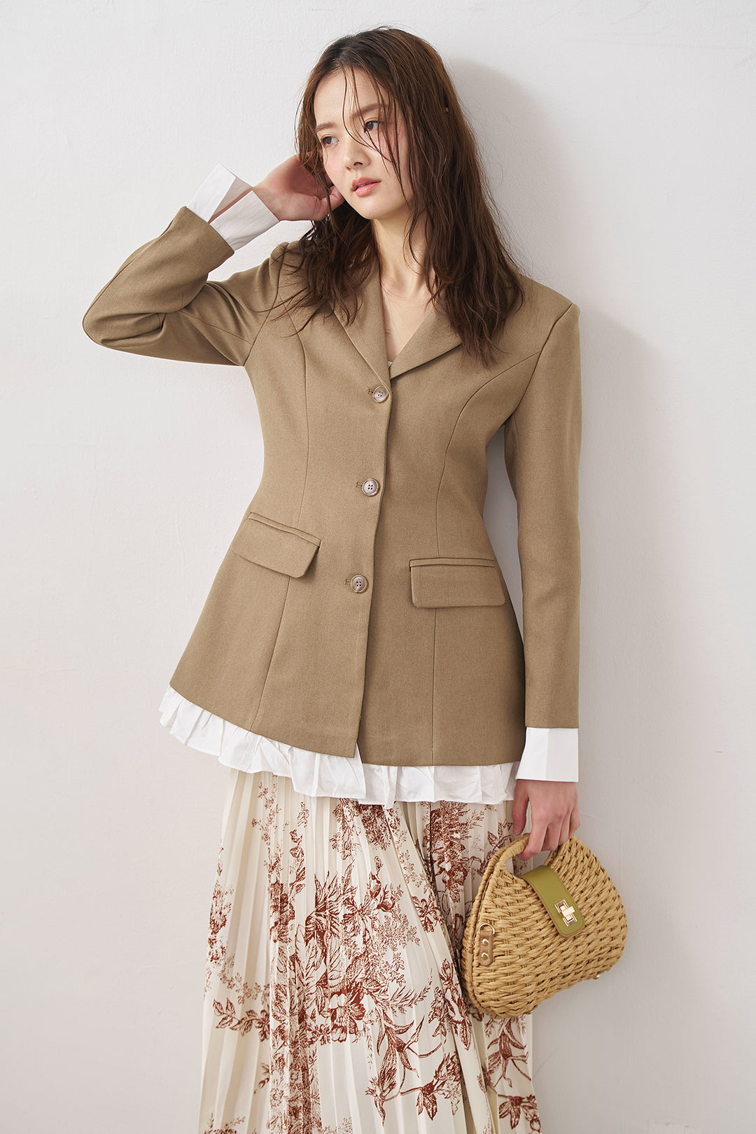 [予約/SET]プリンセスラインフリルドッキングジャケット+モノトーントワル柄プリーツスカート(2set)