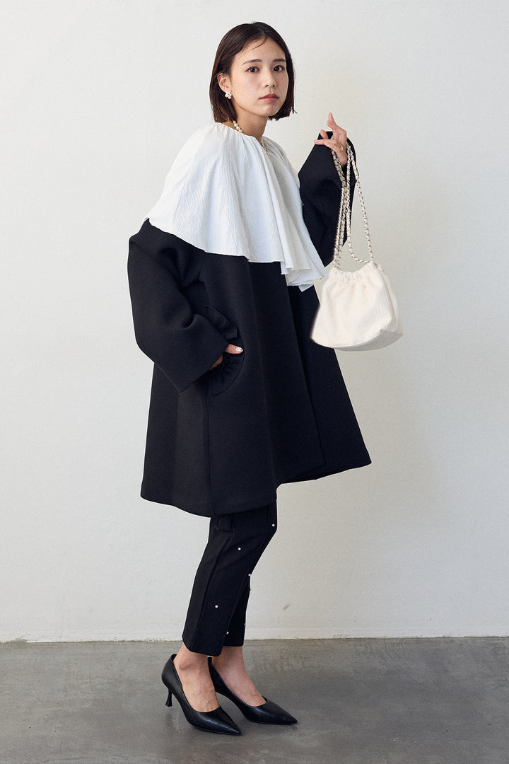 [予約/SET]BIGフリルカラーブラウス+フリルポケットボンディングノーカラーコート+センターシームランダムパールパンツ(3set)