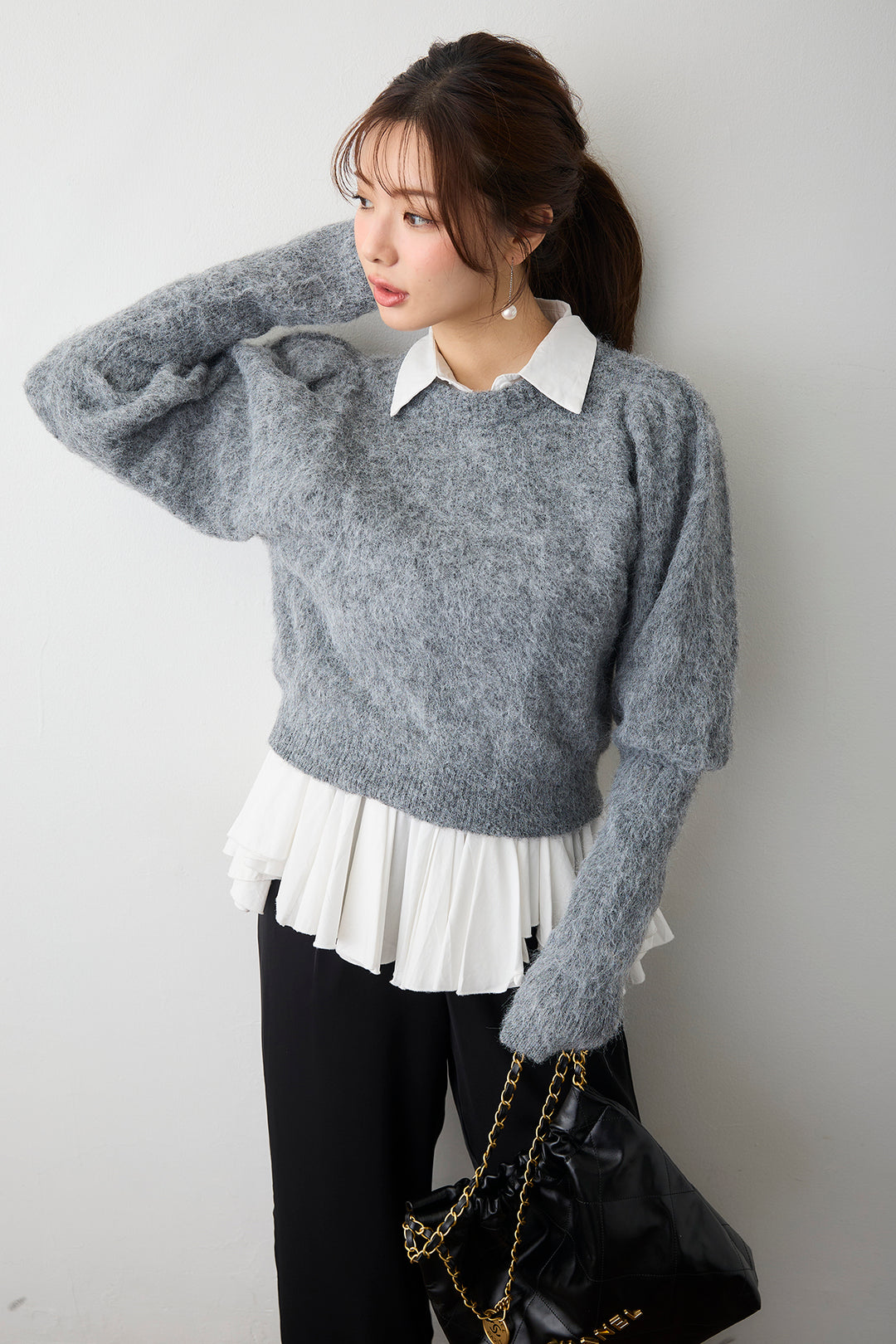 [予約/SET]モヘアパフスリーブプルオーバー+パネルフレアヘムシャツ+とろみドロストワイドパンツ(3set)