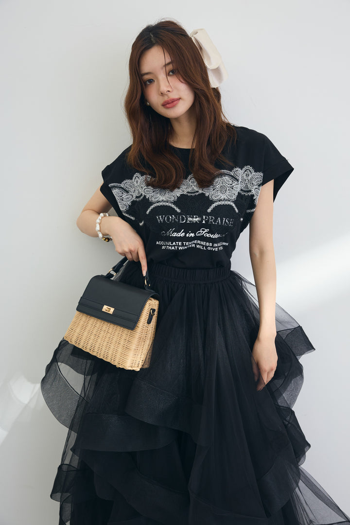 [予約/SET]レースデザインロゴTシャツ+ランダムチュールドラマティックスカート(2set)