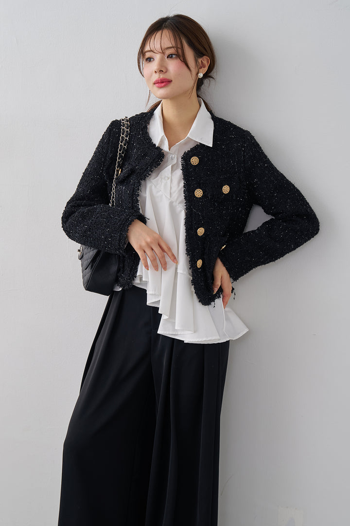 [予約/SET]アシメフリルティアードシャツ+フリンジツイードゴールドボタンジャケット+エステルツイルタックワイドカラーパンツ(3set)