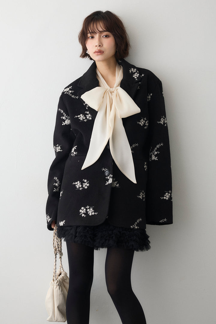 [予約/SET]前後2wayリボンシアーブラウス+フラワーエンブロイダリーモッサジャケット+ホイップチュールミニ丈スカート(3set)