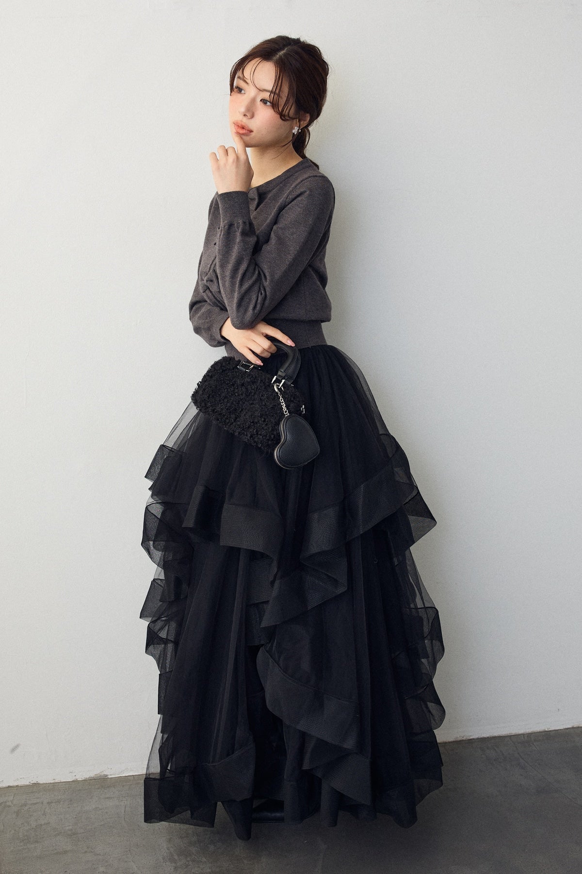 【新品】Frene ランダムフリルティアードボリュームスカート ブラック 予約]ランダムフリルティアードボリュームスカート – Frene