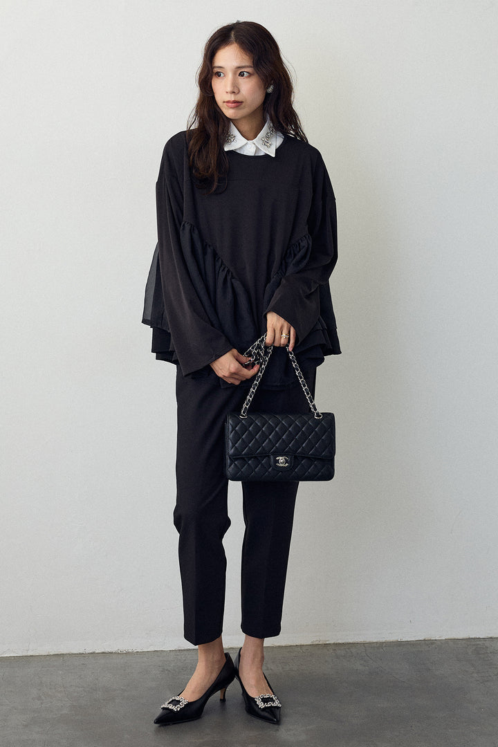 [予約/SET]フリルテール異素材切替チュニック+タックテーパードパンツ(2set)