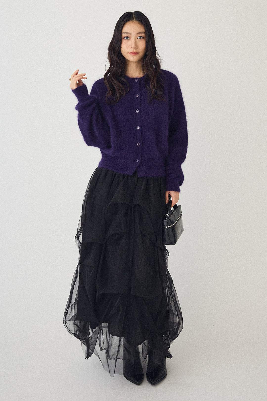 [予約/SET]ウールソフトカーディガン+マルチパターンタックチュールスカート(2set)