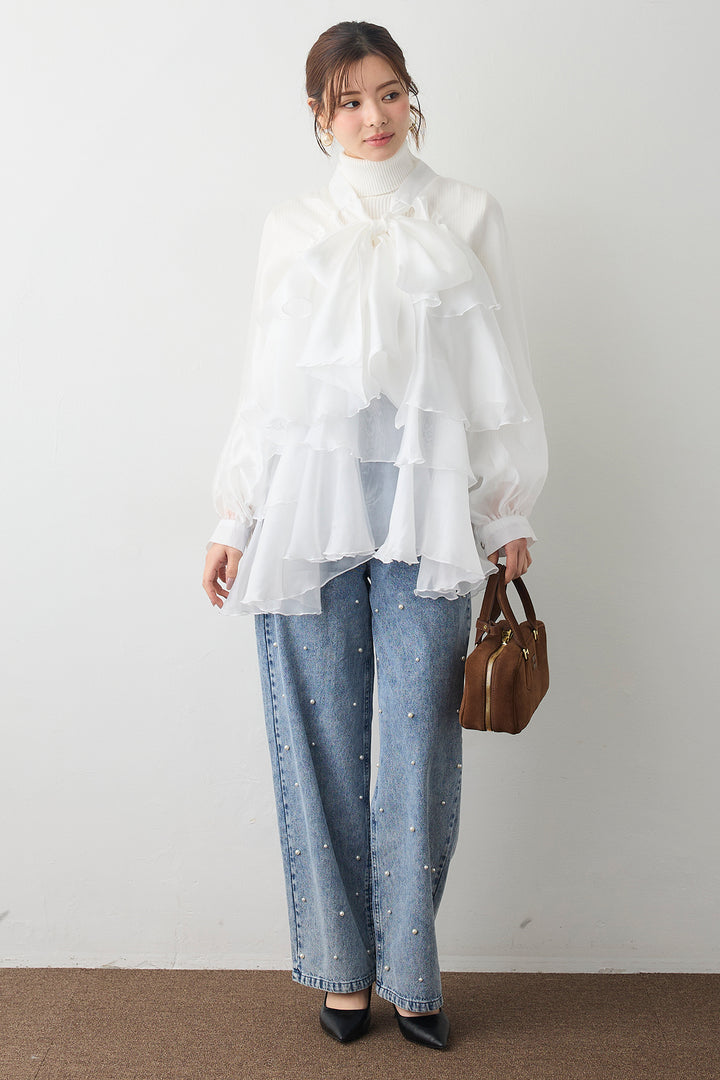 [予約/SET]フロントBIGリボンティアードエアリーチュニック+パールスタッズストレートハイウエストデニム(2set)
