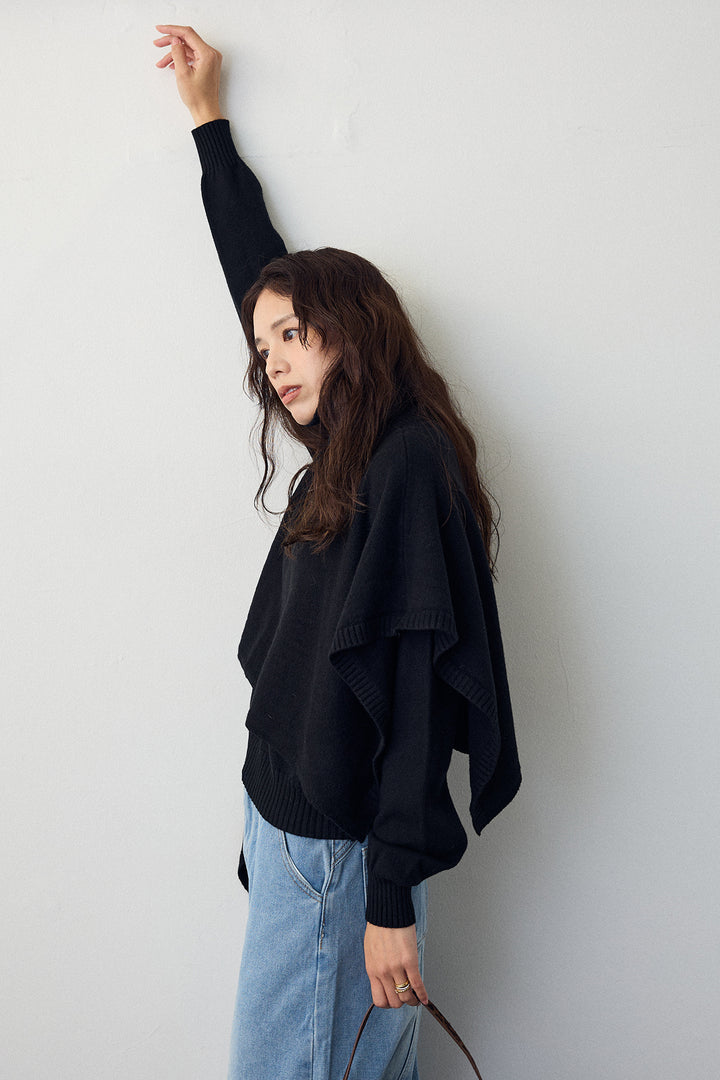 [予約/SET]アシメケープ2wayニット+ステッチ美ラインカーブデニムパンツ(2set)