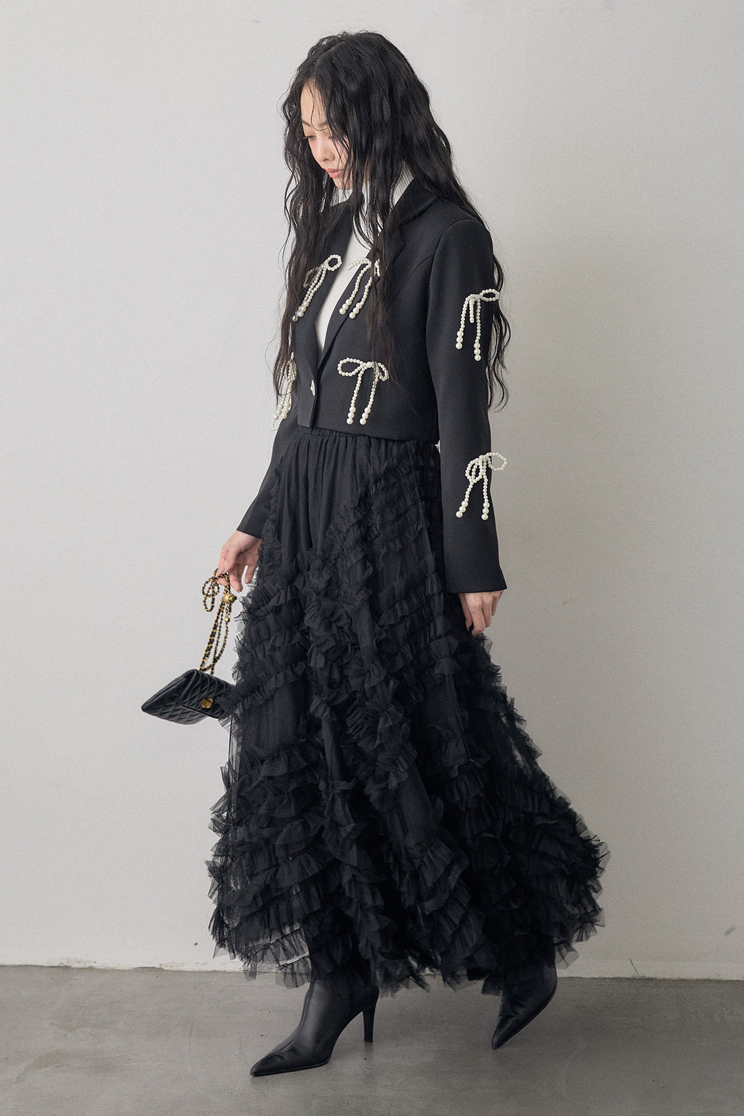 [予約/SET]パールリボンクロップドジャケット+スフレアシメチュールスカート(2set)