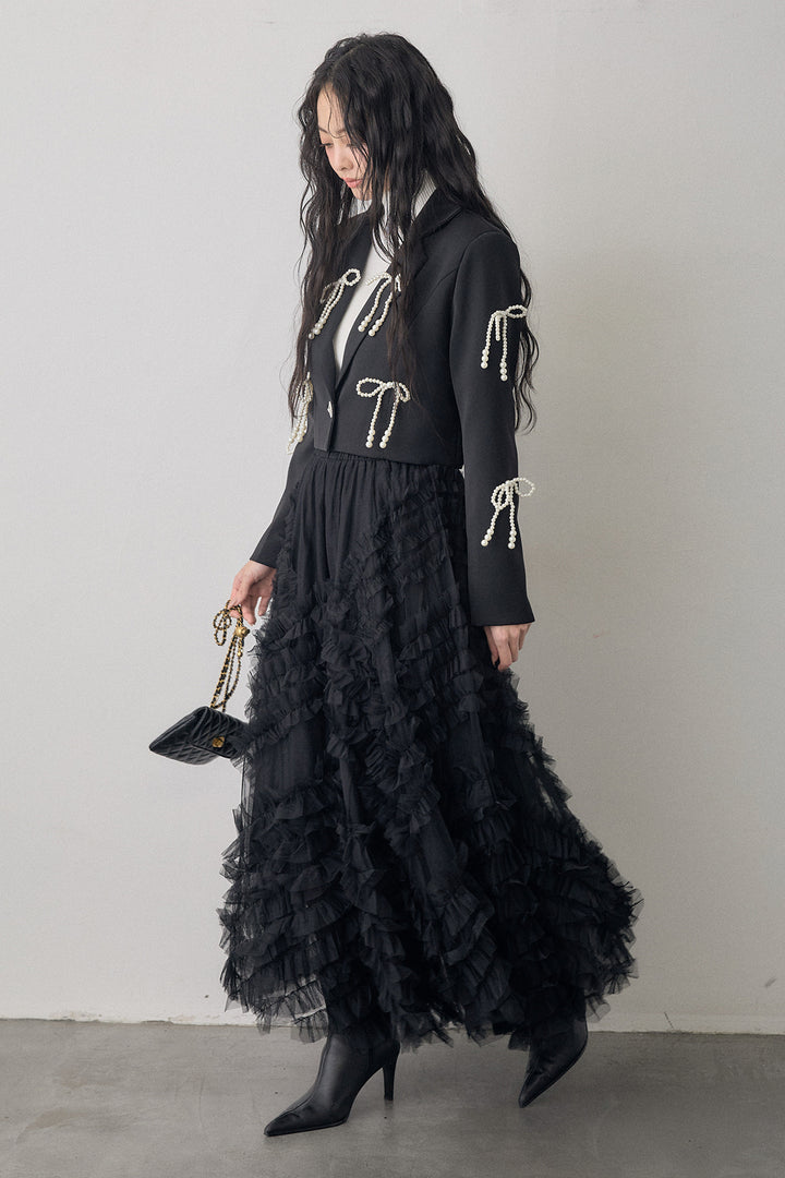 [予約/SET]パールリボンクロップドジャケット+スフレアシメチュールスカート(2set)