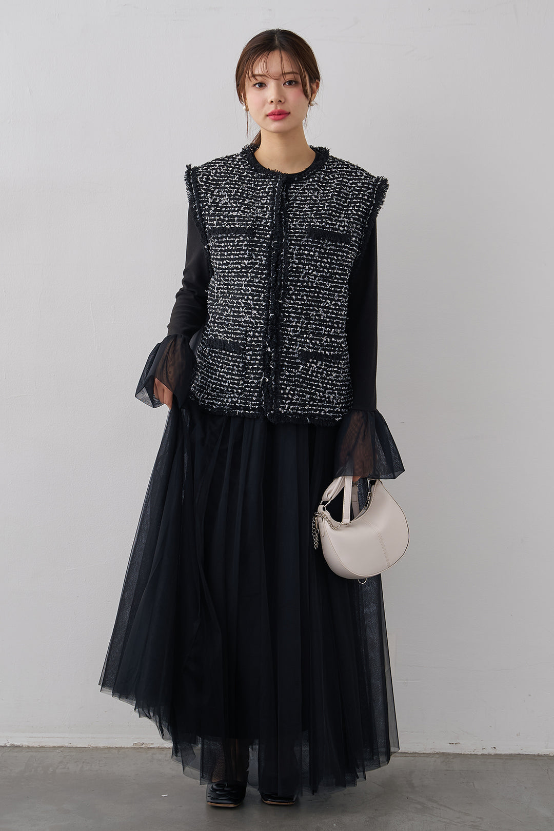 [予約/SET]チュールシアーカフスリブニット+異素材切り替えツイードベスト+エアリーチュールフレアスカート(3set)