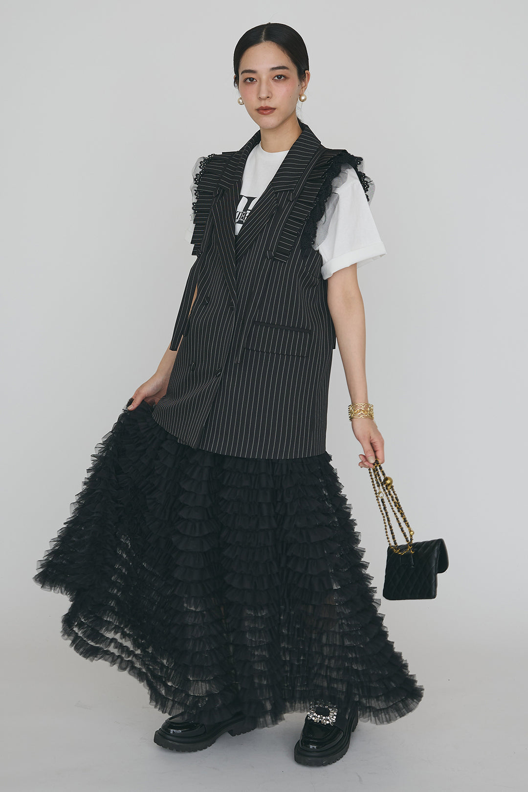 [予約/SET]フリルショルダーテーラーマニッシュベスト+ホイップチュールティアードスカート(2set)