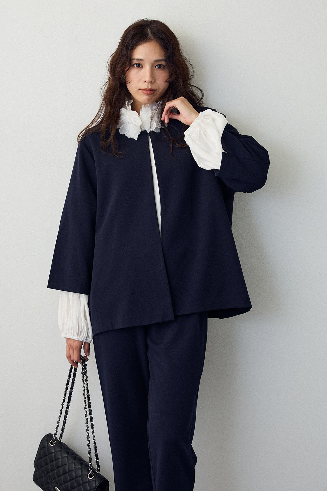 [予約/SET]フラワーフリルネックブラウス+ノーカラージョーゼットセットアップ(2set)