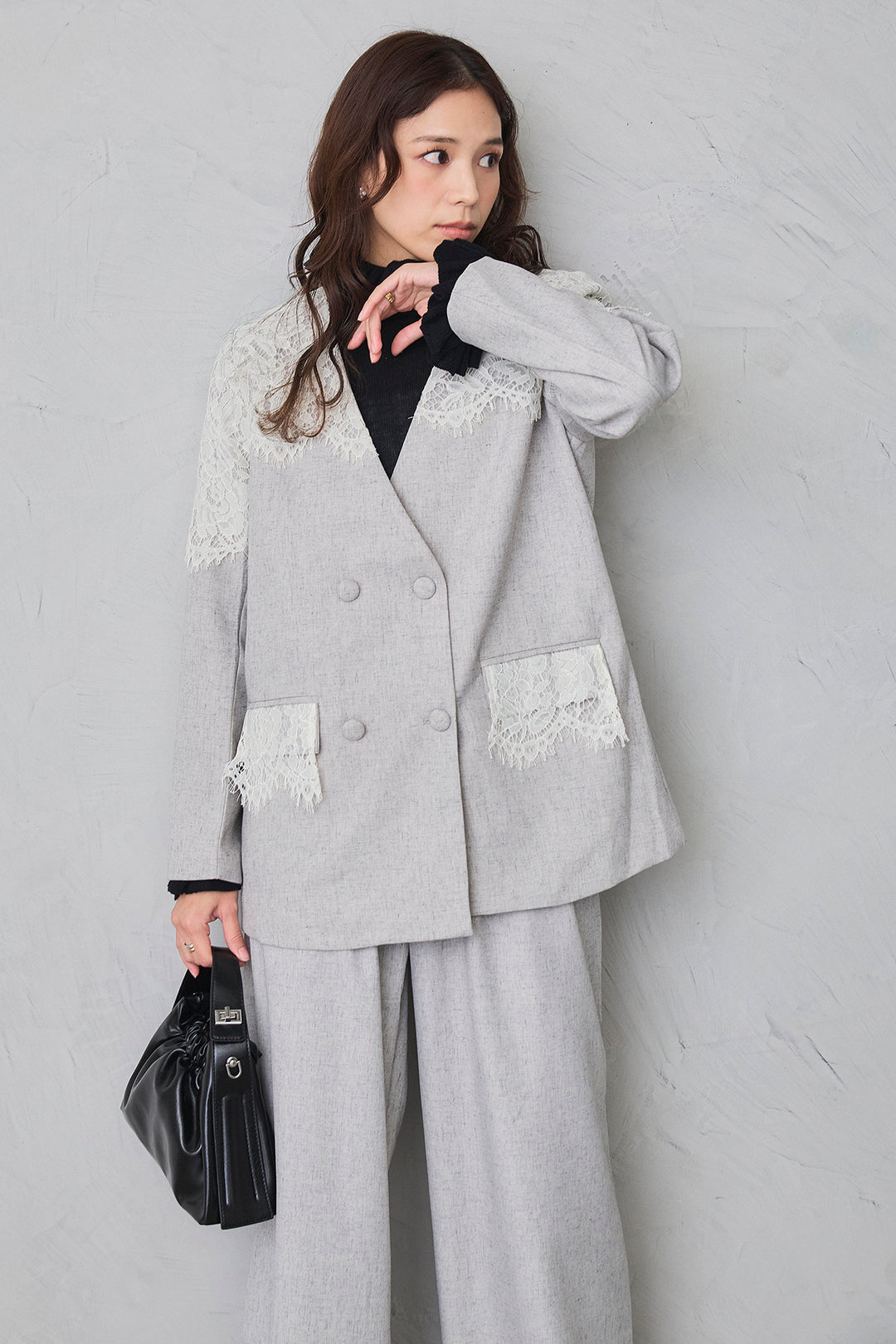 [予約/SET]ダブルフリルカラーニットプルオーバー+ショルダーレースデザインジャケット+ライトツイードタックパンツ(3set)