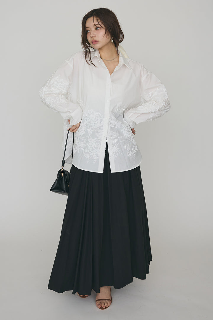 [予約/SET]フラワー刺繍モチーフオーバーシャツ+ギャザーフレア綿タッチスカート(2set)