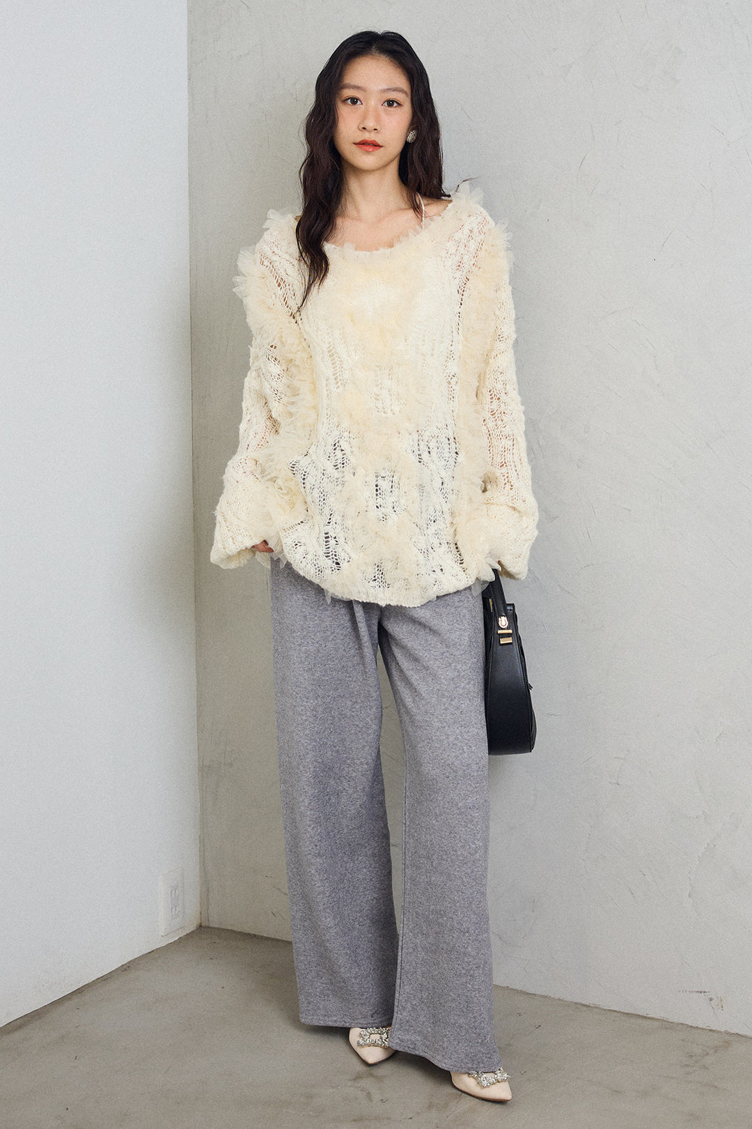 [予約/SET]透かし編みホイップチュールニット+ウォームタッチイージーパンツ(2set)