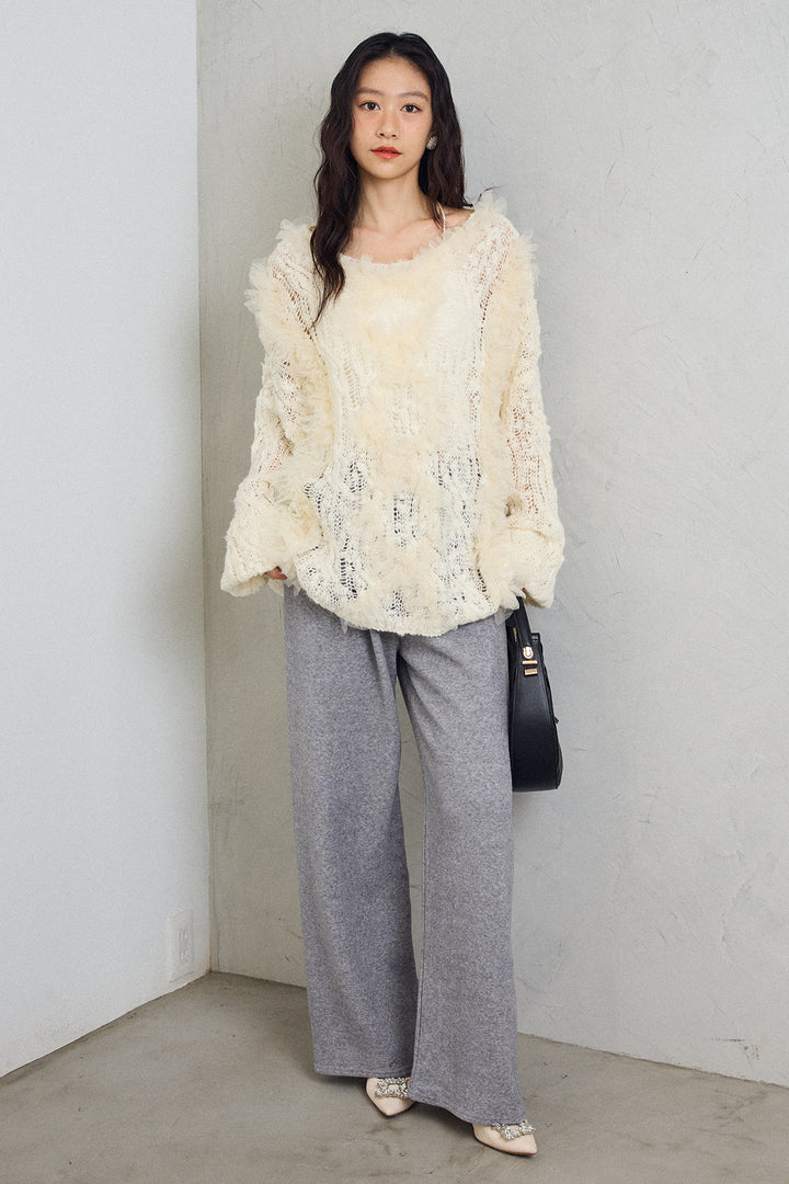 [予約/SET]透かし編みホイップチュールニット+ウォームタッチイージーパンツ(2set)