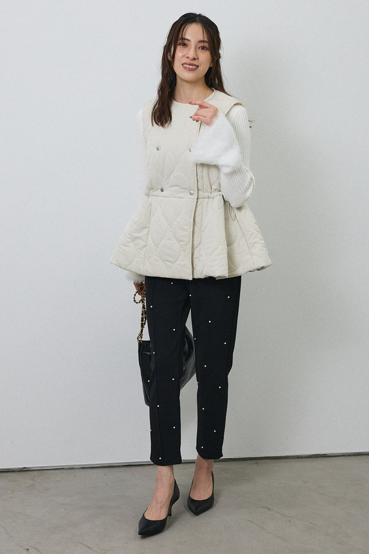 [予約/SET]フェザー切替スリーブフレアニット+キルティングフレアシルエットベスト+センターシームランダムパールパンツ(3set)