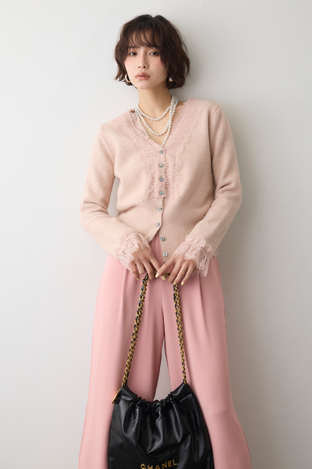 [予約/SET]レースVラインボタンニット+とろみドロストワイドパンツ(2set)