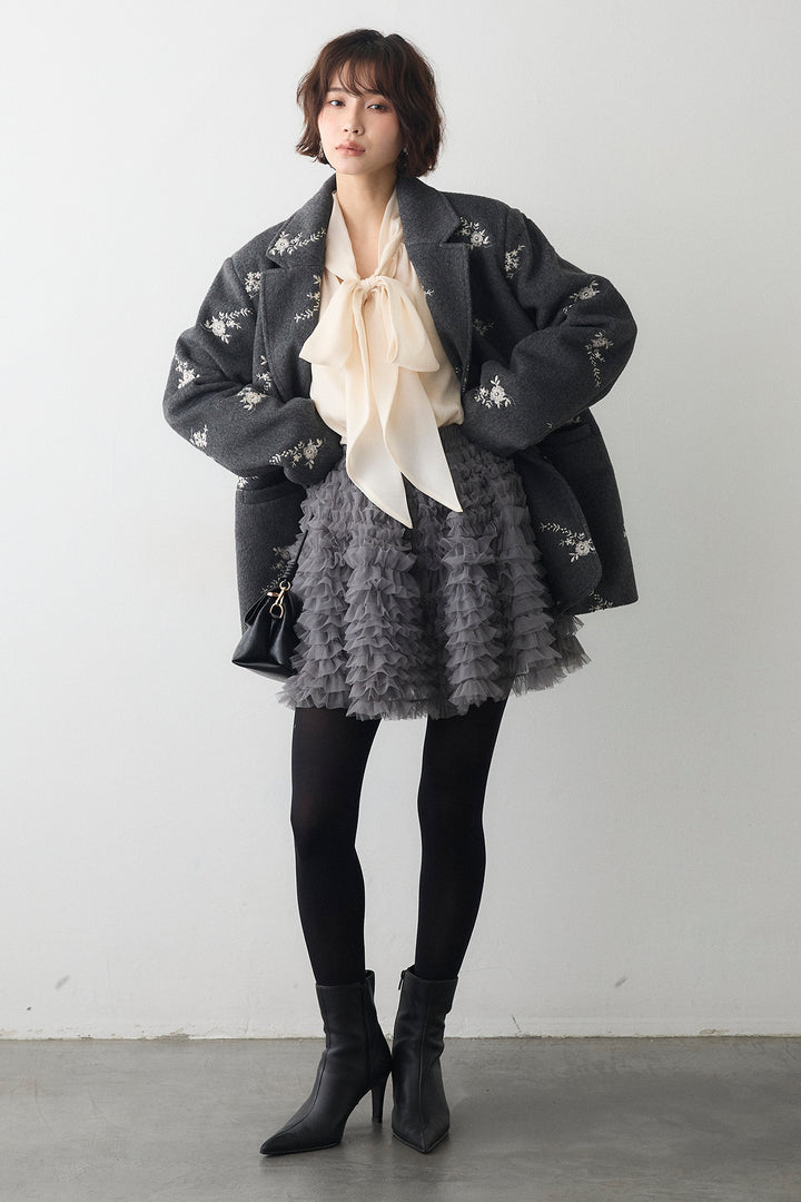 [予約/SET]フラワーエンブロイダリーモッサジャケット+ホイップチュールミニ丈スカート(2set)