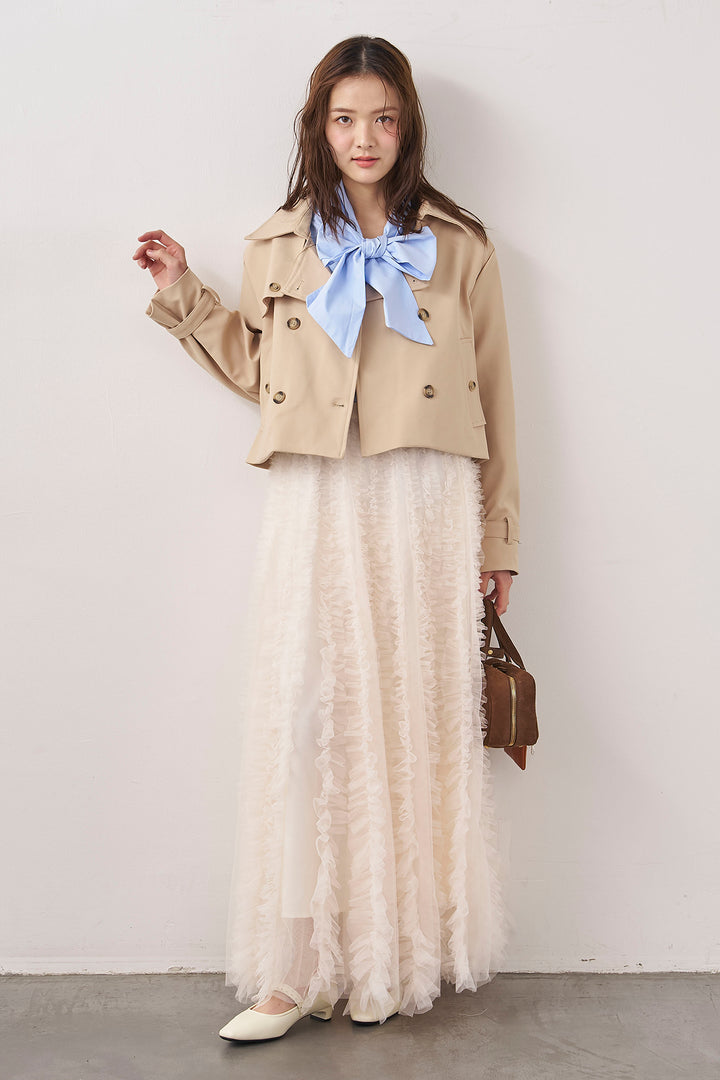 [予約/SET]BIGリボン綿ブラウス+クラシカルショートトレンチ+Iラインホイップチュールスカート(3set)