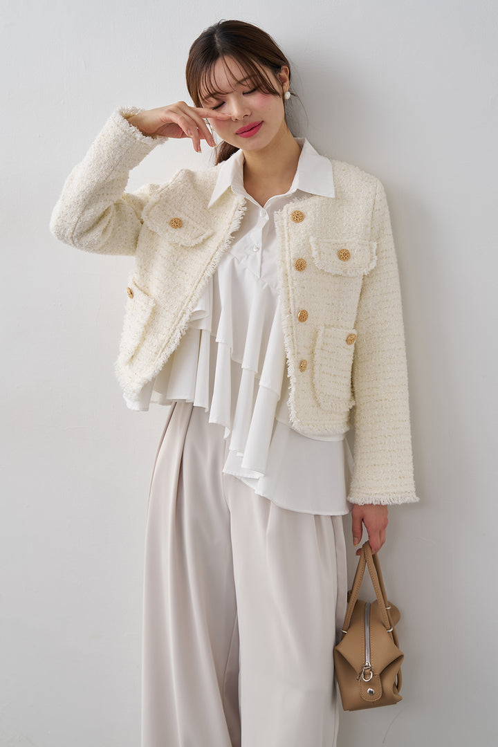 [予約/SET]フリンジツイードゴールドボタンジャケット+エステルツイルタックワイドカラーパンツ(2set)