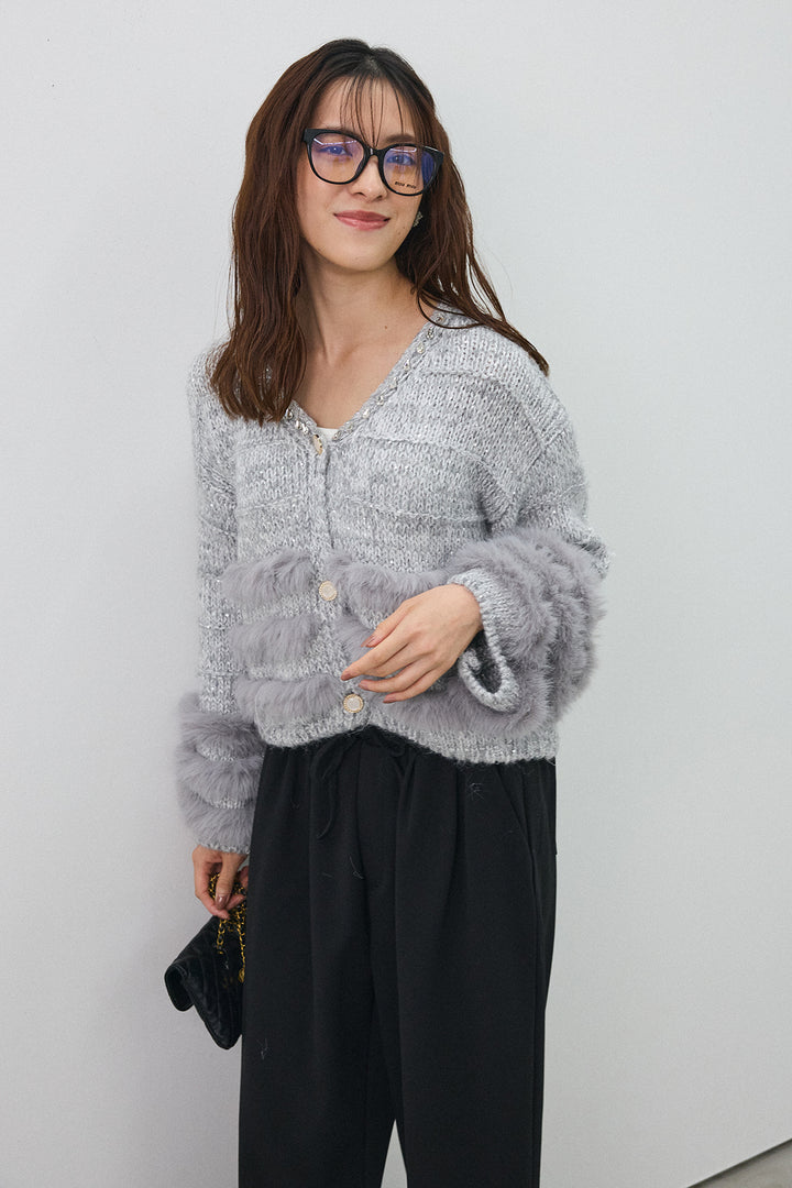 [予約/SET]ネックビジューラインファーニットカーデ+2タック美シルエットパンツ(2set)