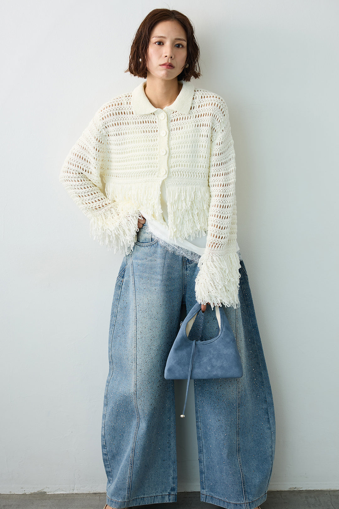 [予約]メッシュフリンジクロップドニット