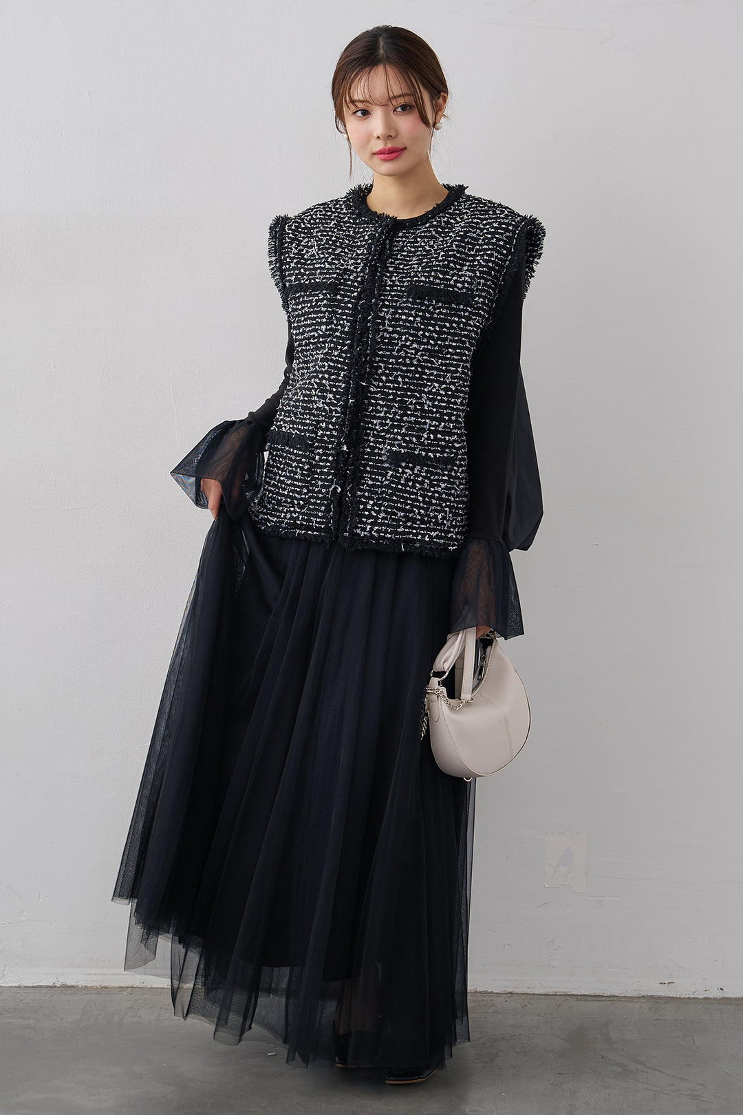 [予約/SET]チュールシアーカフスリブニット+異素材切り替えツイードベスト+エアリーチュールフレアスカート(3set)