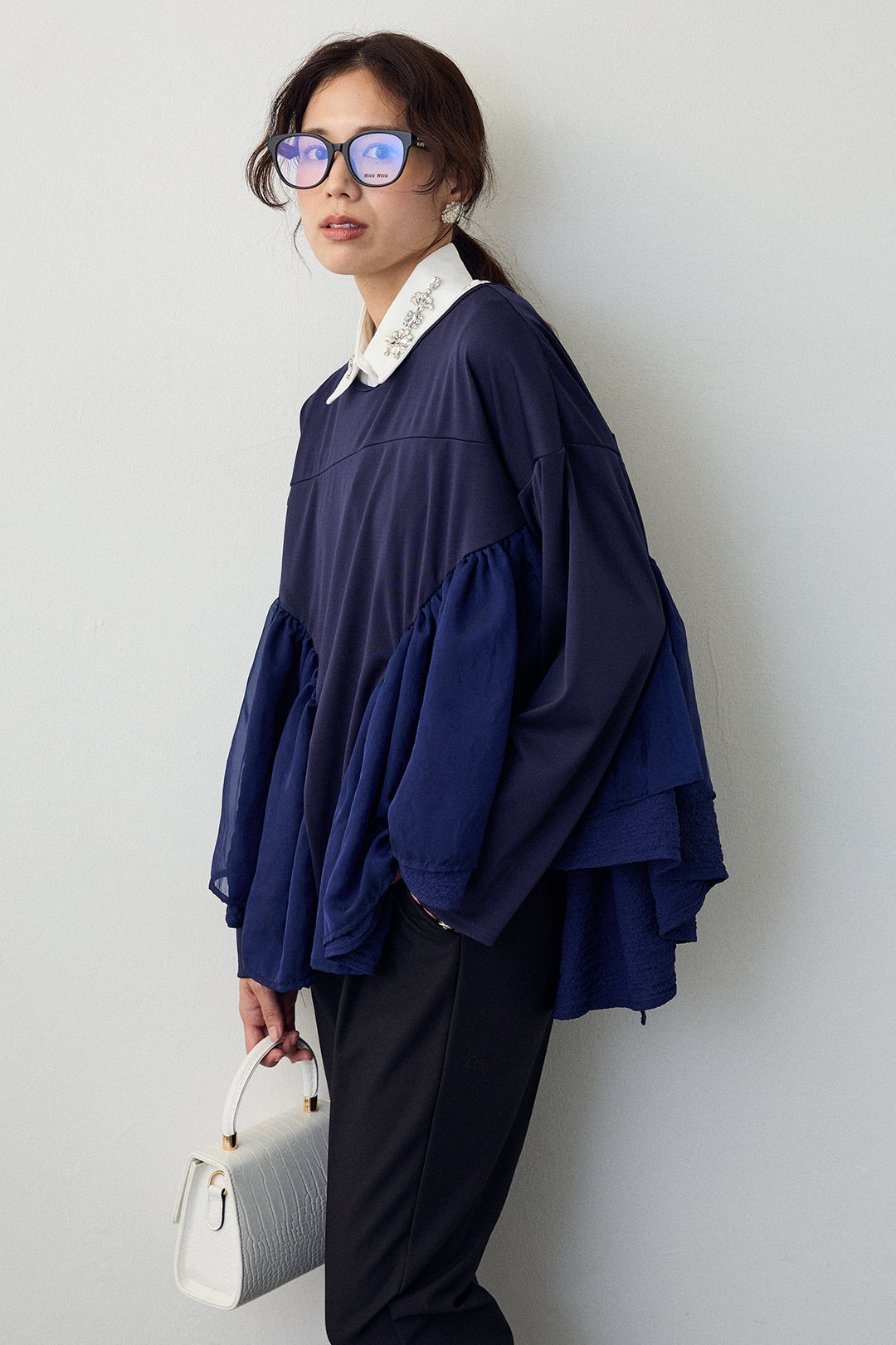 [予約/SET]ビジュー付け襟+フリルテール異素材切替チュニック+タックテーパードパンツ(3set)