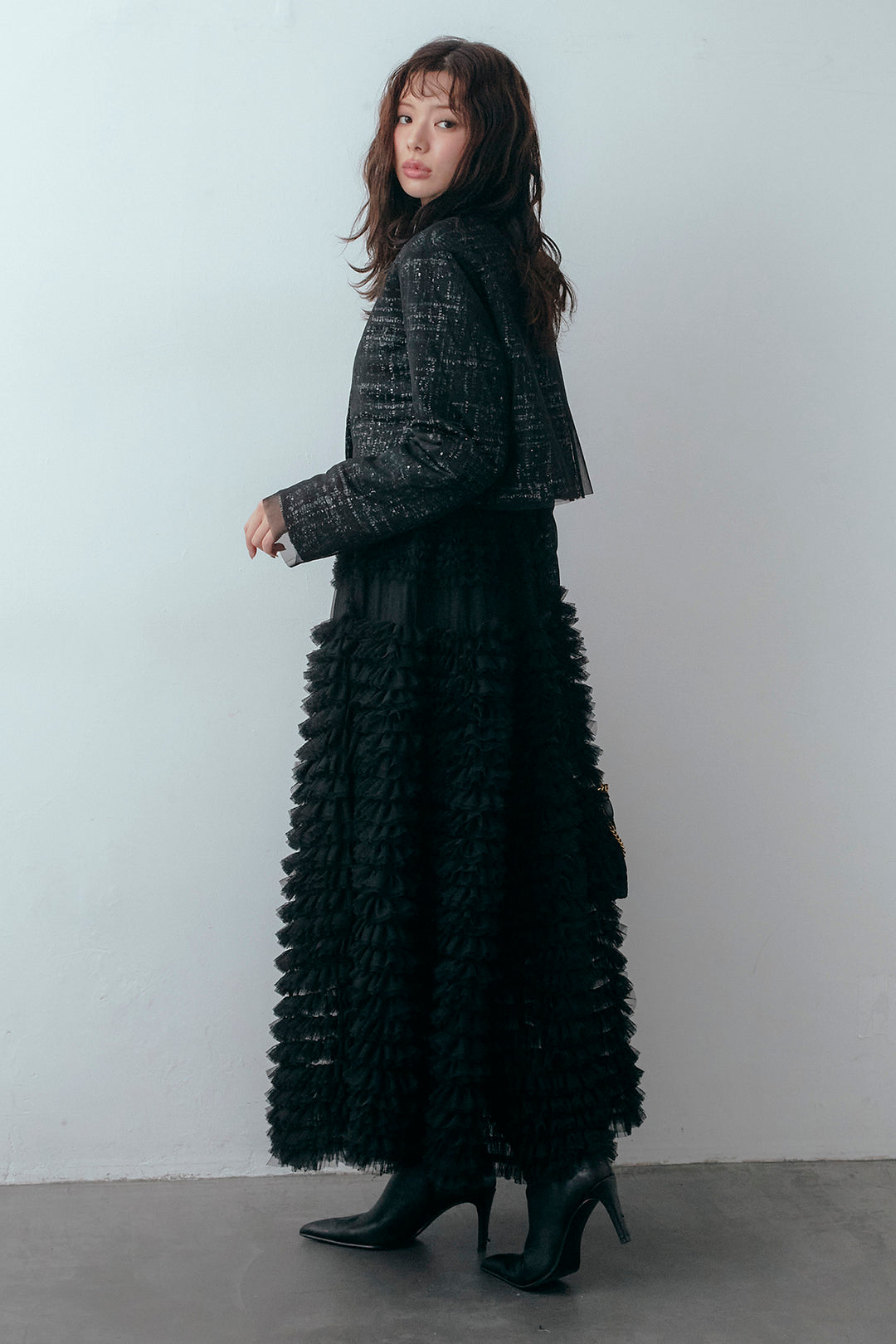 [予約/SET]ツイード×チュールレイヤードクロップドジャケット+ホイップチュールティアードスカート(2set)