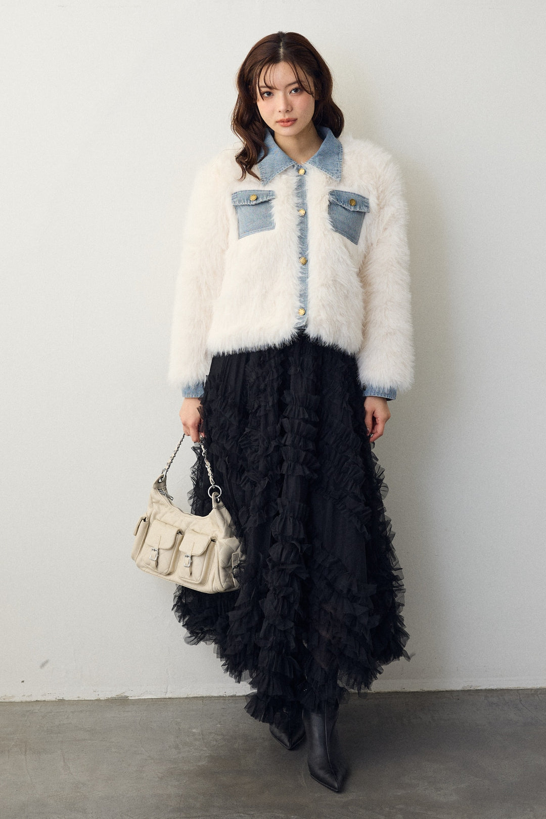 [予約/SET]デニムシャツドッキングファージャケット+スフレアシメチュールスカート(2set)